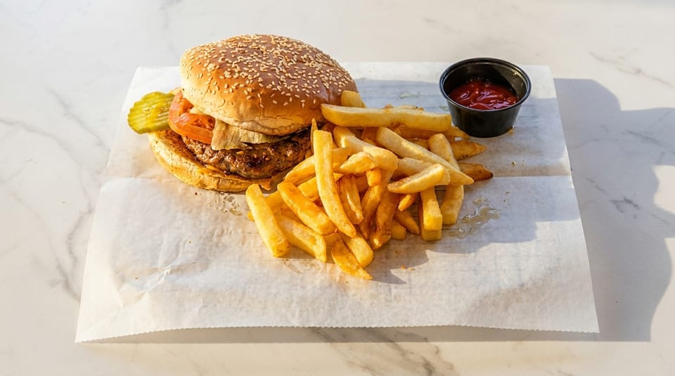 A hamburger with pickles, tomato, and lettuce, served with golden fries and ketchup on parchment paper.