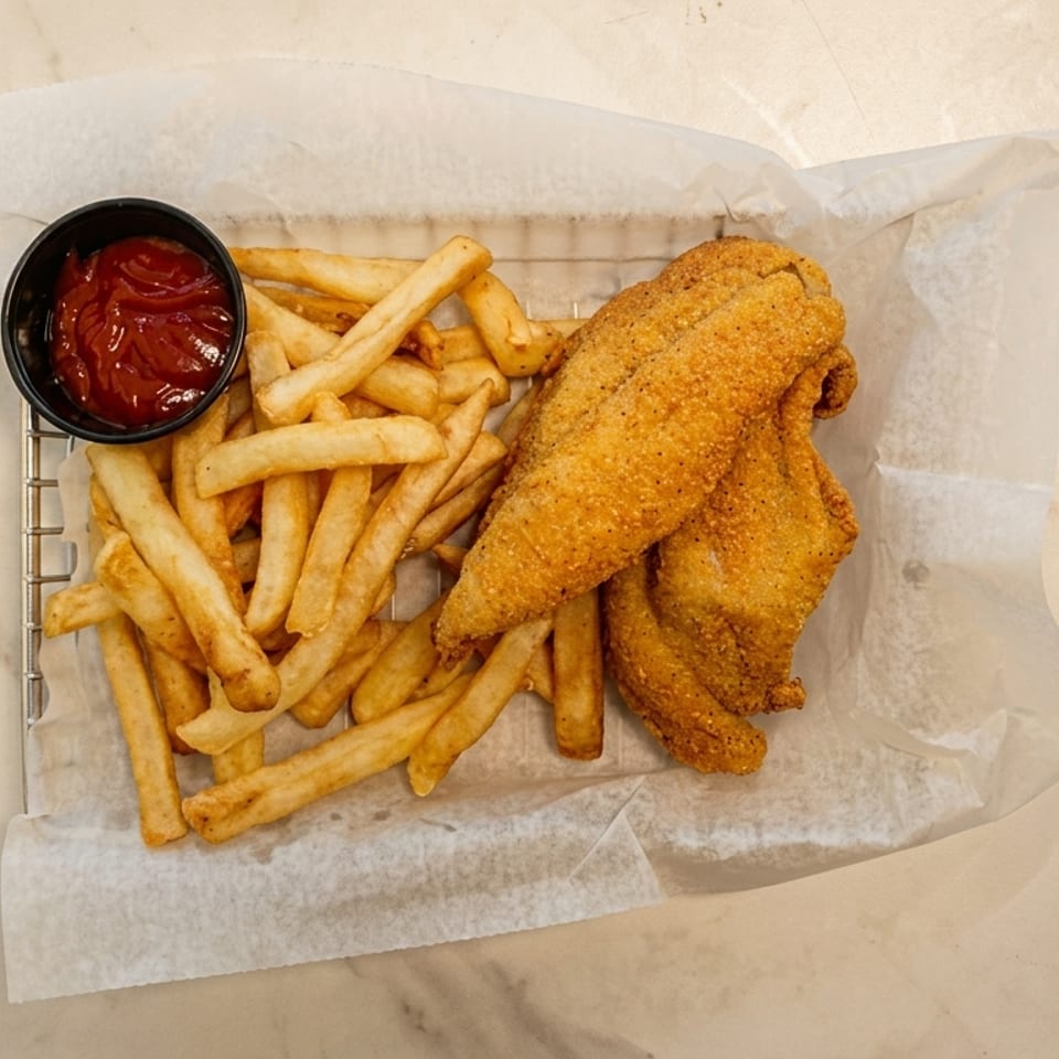 Fried fish fillets and french fries with a side of ketchup in a metal basket.