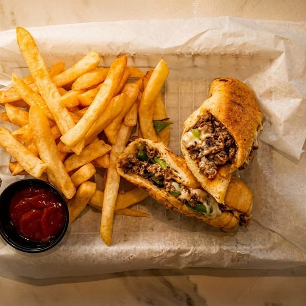 Two cheesesteak sandwiches with green peppers and onions, served with fries and ketchup.