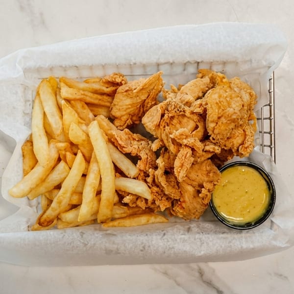 Crispy fried chicken tenders and golden french fries in a basket with a side of dipping sauce.